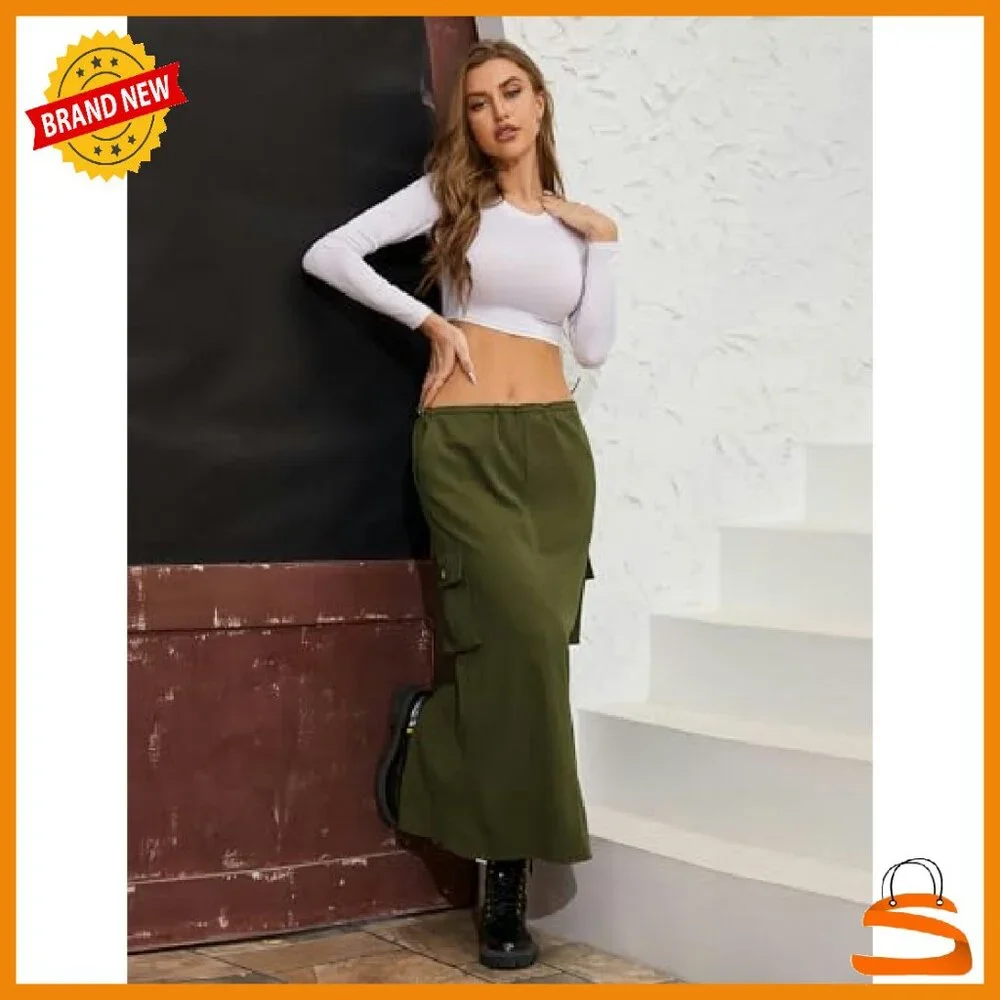 Y2K Cargo Maxi Skirt with Drawstring Waist and Side Pockets - Picture 7 of 7